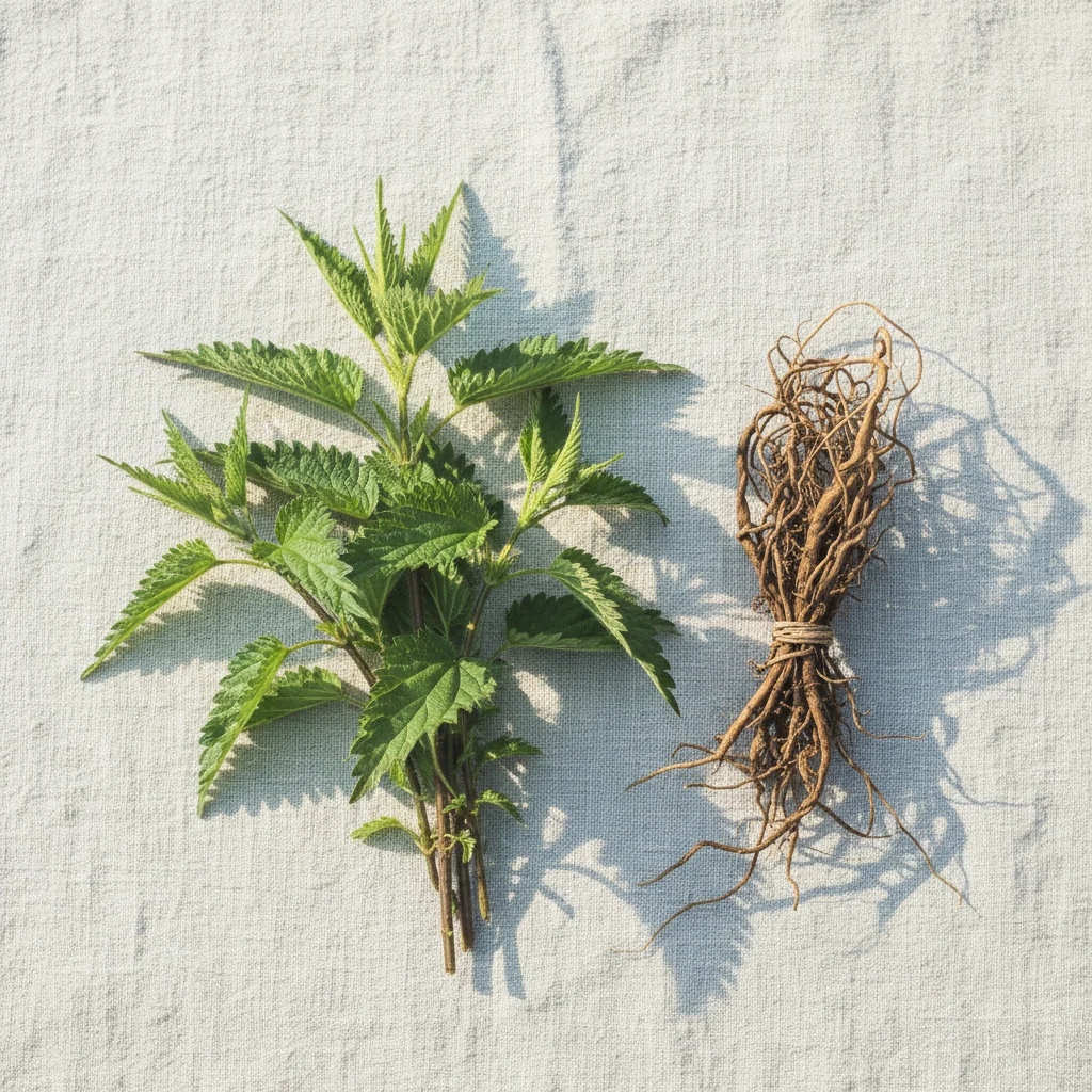 Brandnetelwortel capsules - verse brandnetelplant op linnen doek