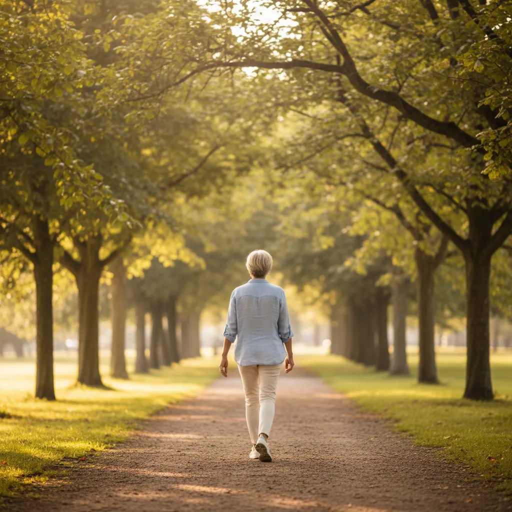 Anonieme man van achteren wandelend in een zonnig park - actieve levensstijl mannen 50 plus