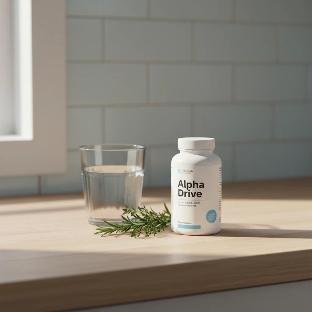 Alpha Drive supplement op houten aanrecht - ochtendwelzijnsroutine