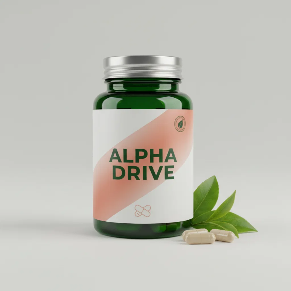 Alpha Drive voedingssupplement pot - witte verpakking met blauwe hexagonale accenten